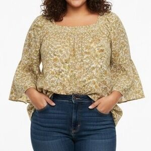 Vtg Chaps Ditsy Floral Peasant Bell Sleeve Smocked Shoulder Hippie Boho 1X